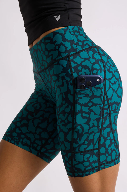 TEAL LEOPARD BIKER SHORTS 8”
