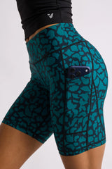 TEAL LEOPARD BIKER SHORTS 8”