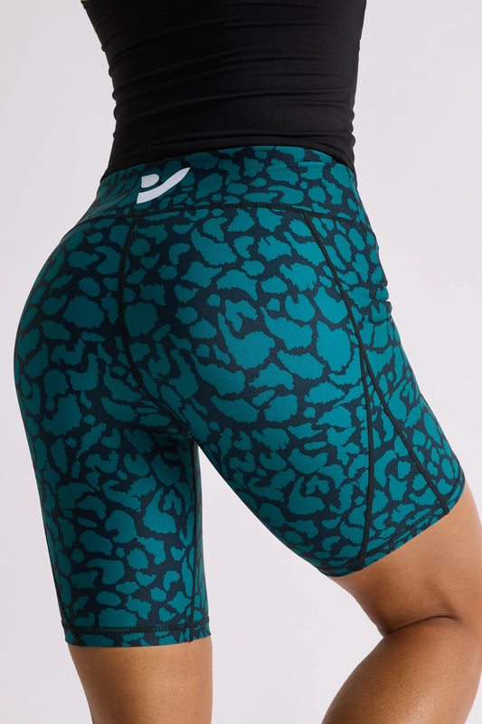 TEAL LEOPARD BIKER SHORTS 8”