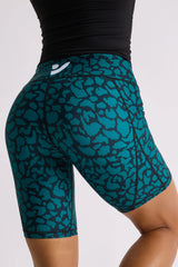 TEAL LEOPARD BIKER SHORTS 8”